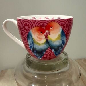 Pink Ceramic Mug with Colorful Lovebird Illustration